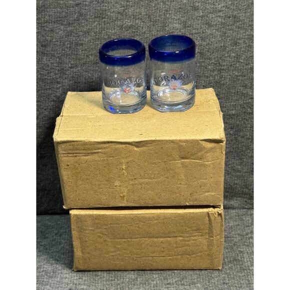 12- CORAZON TEQUILA Shot Glass Hand Blown Cobalt Blue Rim Barware-Printing Faded - Picture 1 of 3
